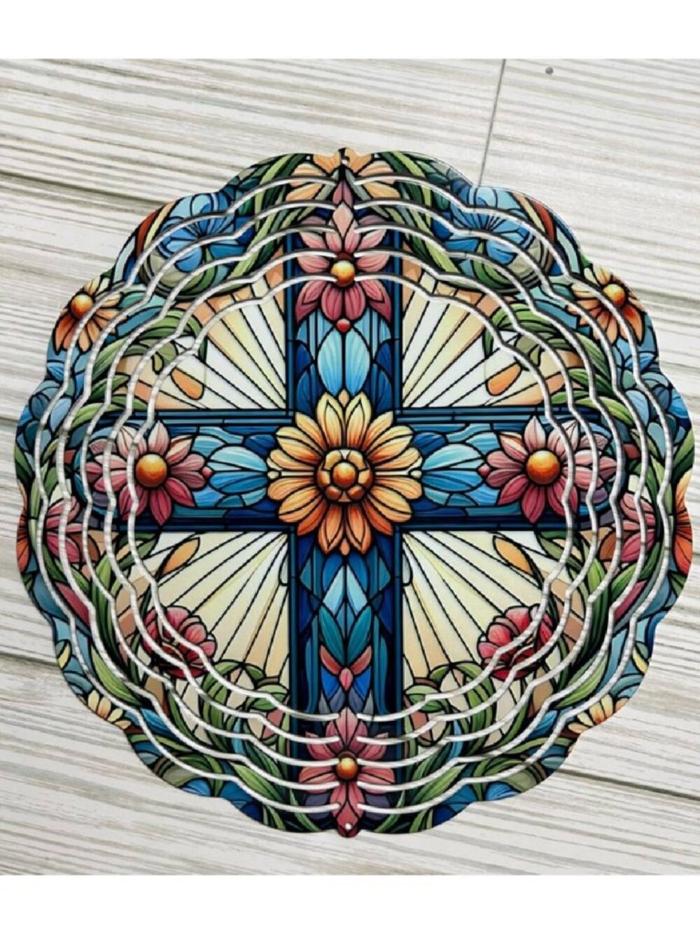 Stained glass cross wind spinners for yard